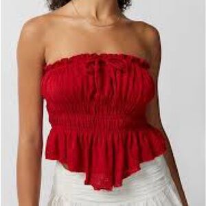 Ruched & Ruffled Red Lace Strapless Tube Top